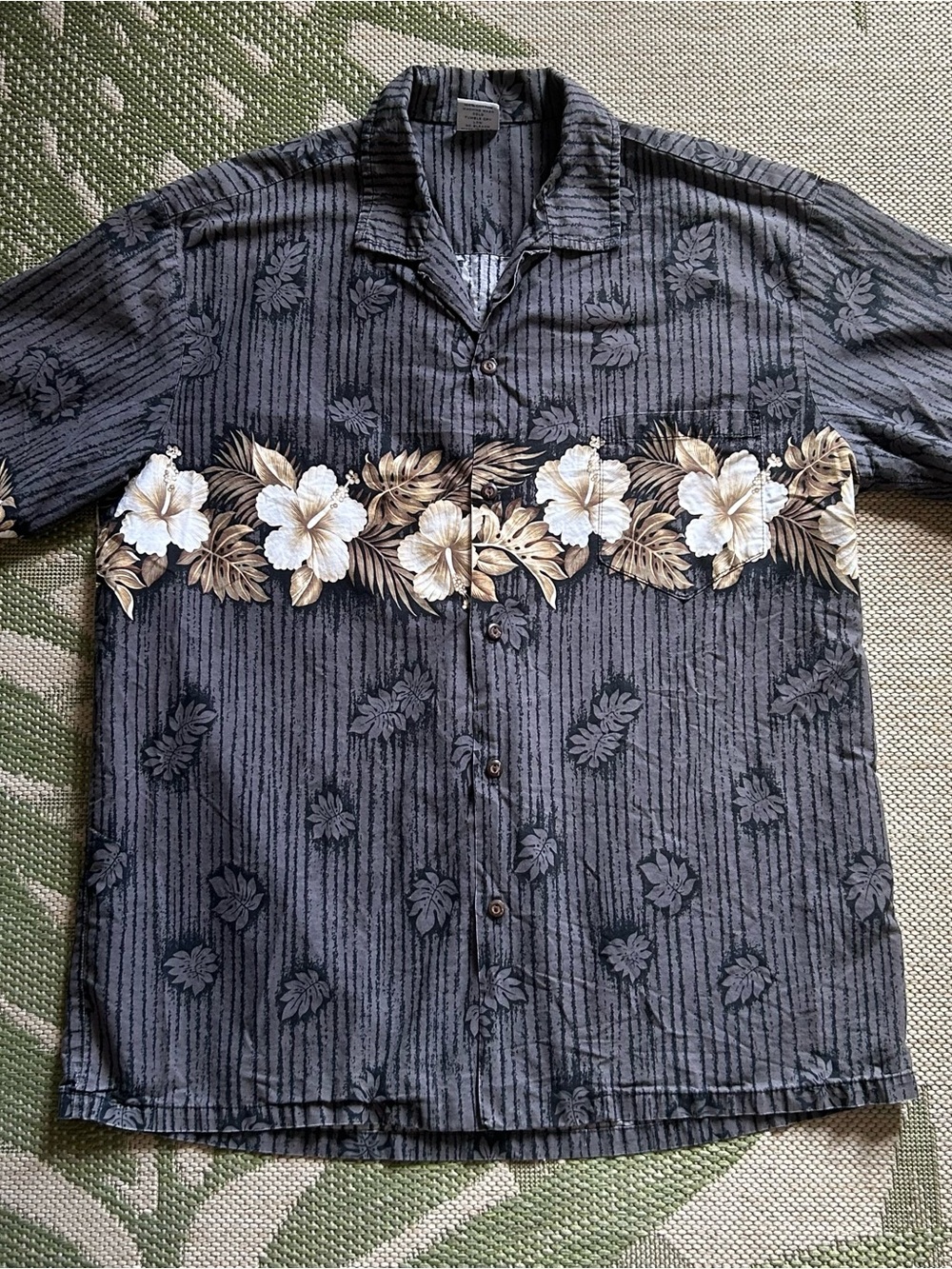 Island Wear Men's Charcoal Floral Stripe Aloha Shirt with Cream Hibiscus Band